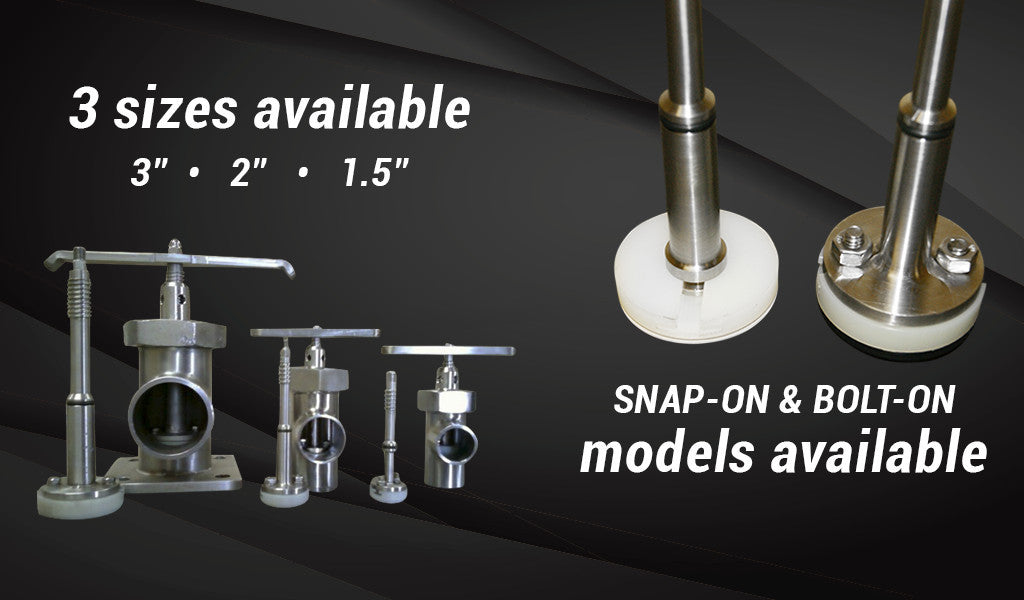 3 draw-off stem plunger sizes available (3", 2", 1.5") in 2 patented KettleSeal models - snap-on and bolt-on