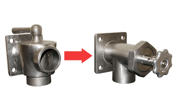 Retrofit of dairy valve to t-plunger for stem plunger for commercial industrial kettles