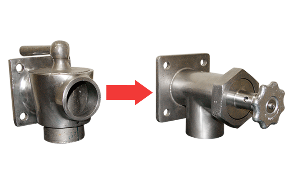 Retrofit of dairy valve to t-plunger for stem plunger for commercial industrial kettles